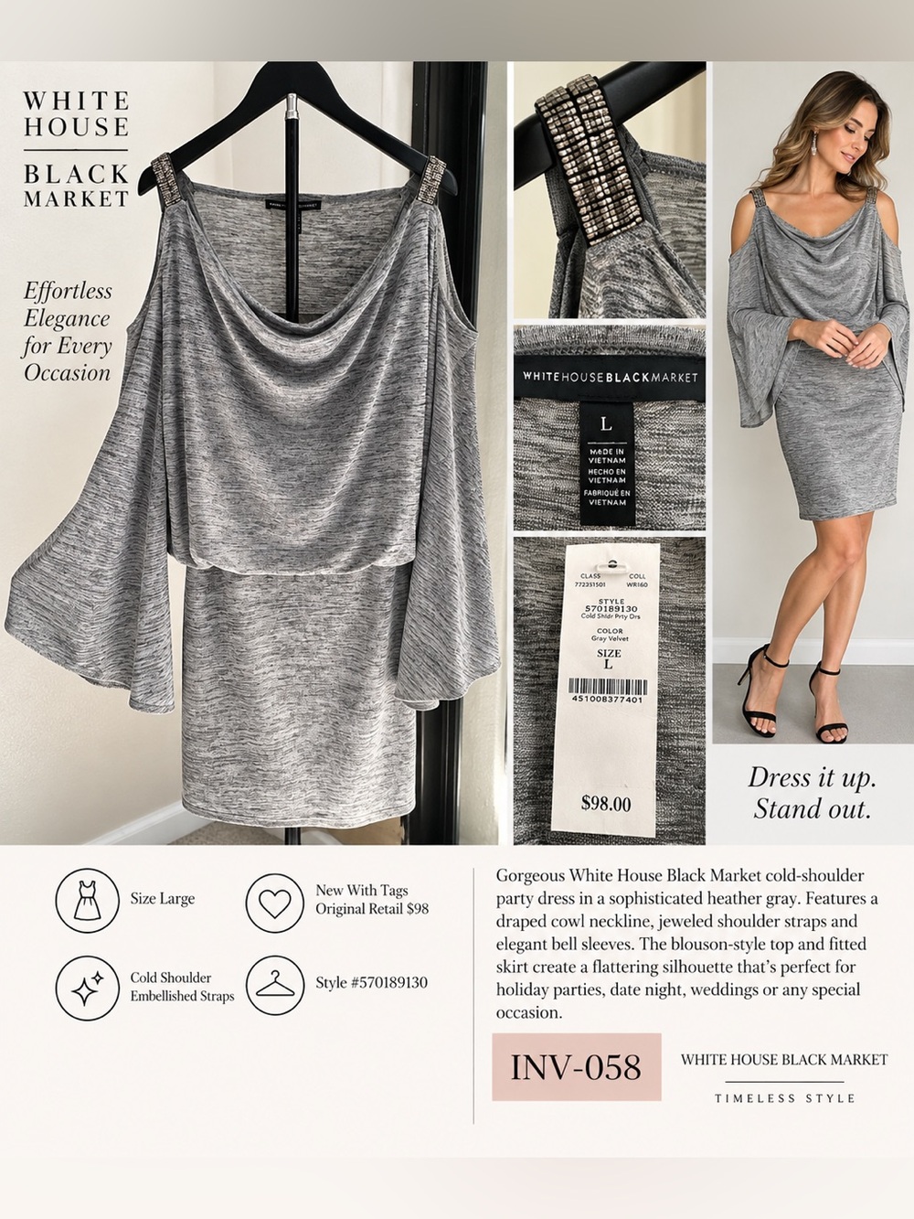 White House Black Market Heather Gray Jeweled Cold-Shoulder Mini Dress
